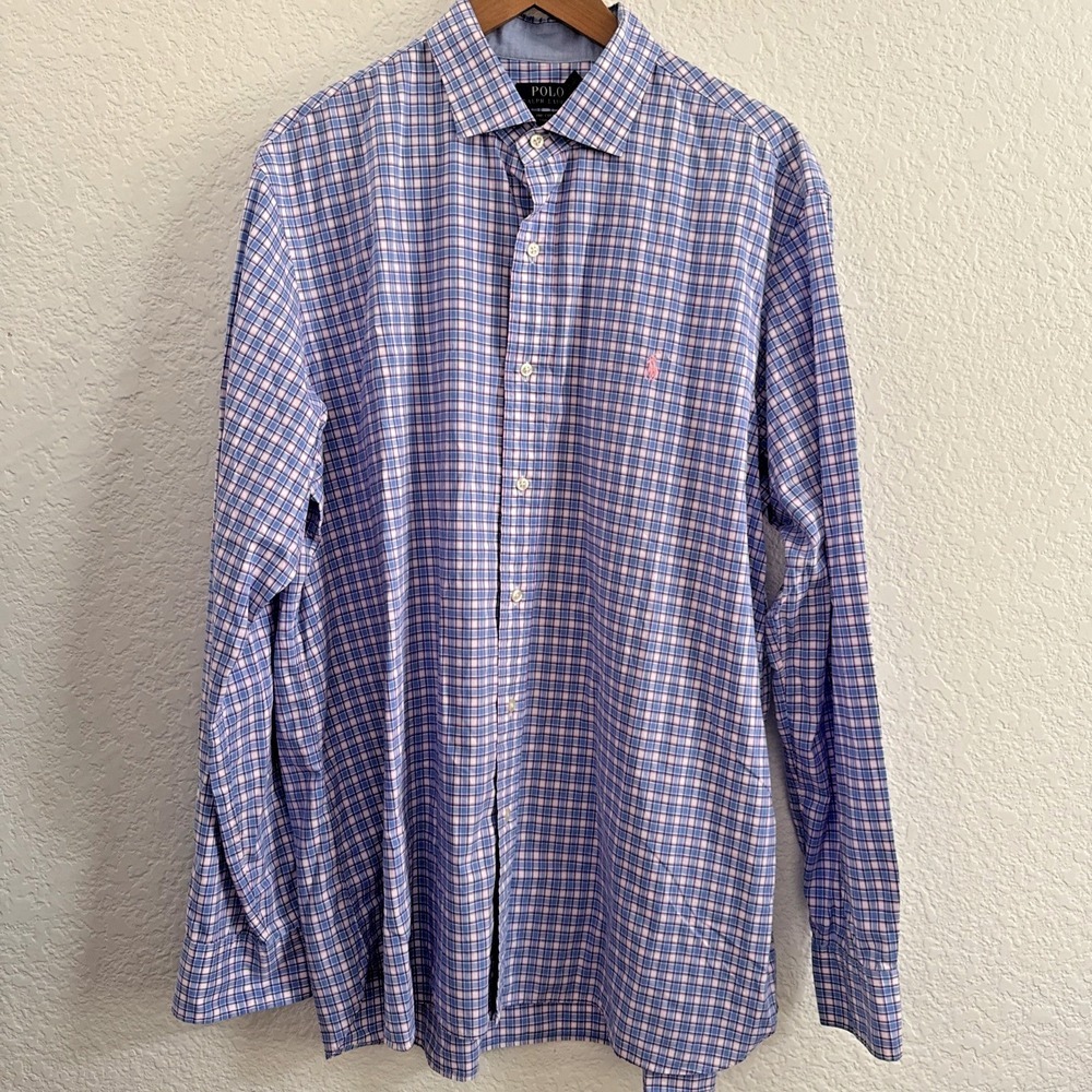 Polo Ralph Lauren Mens XL Blue Pink Gingham Plaid Cotton Button Down Shirt